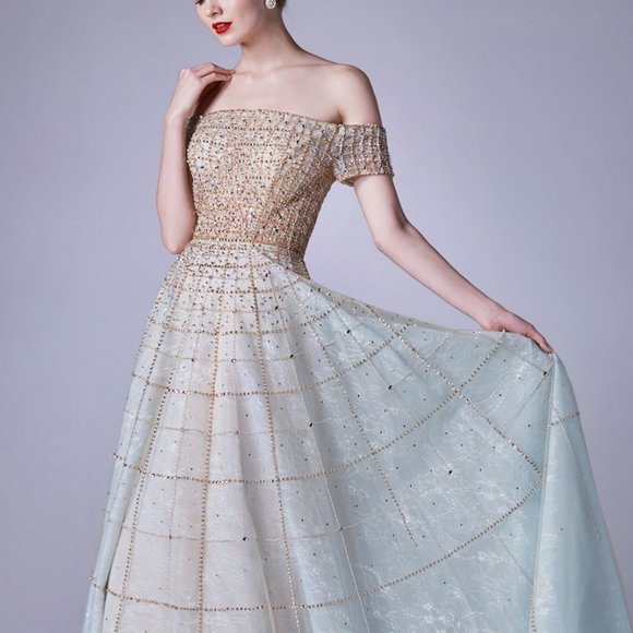 Andrea and Leo Dresses & Skirts - NEW CHAMPAGNE/BLUE PARTY EVENING OFF THE SHOULDER MODERN BEADED BALLGOWN AL0724